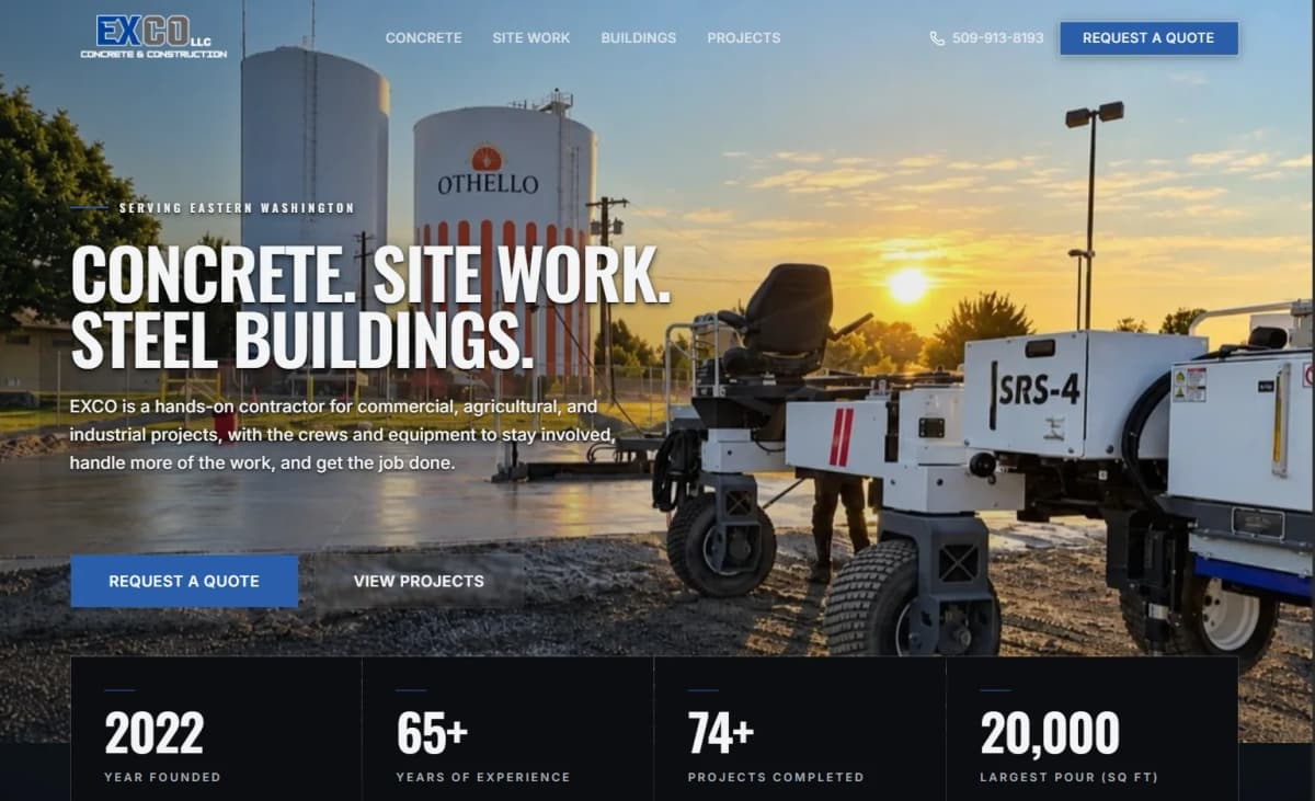 EXCO Concrete & Construction — concrete, site work, and steel buildings contractor website built by CustomBizSite