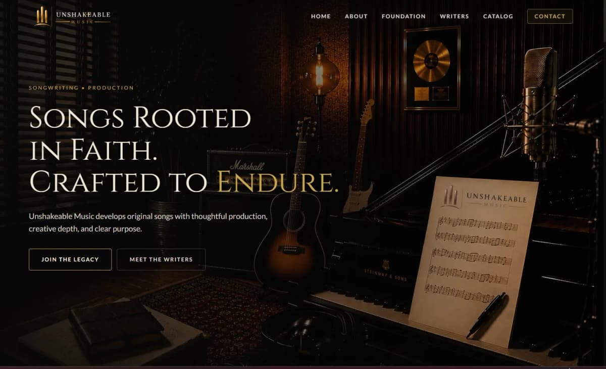 Unshakeable Music — songwriting and production company website built by CustomBizSite